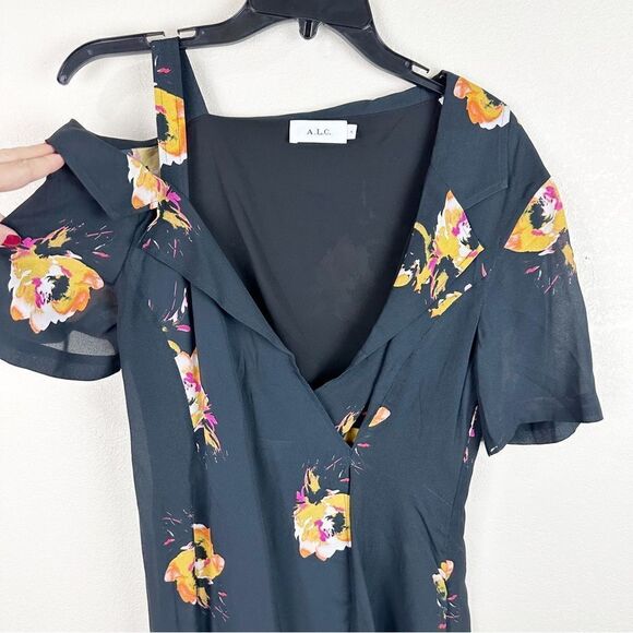 ALC Lucia Off shoulder Silk Black Floral Shoulder Mini Dress Size 4 - Picture 3 of 7